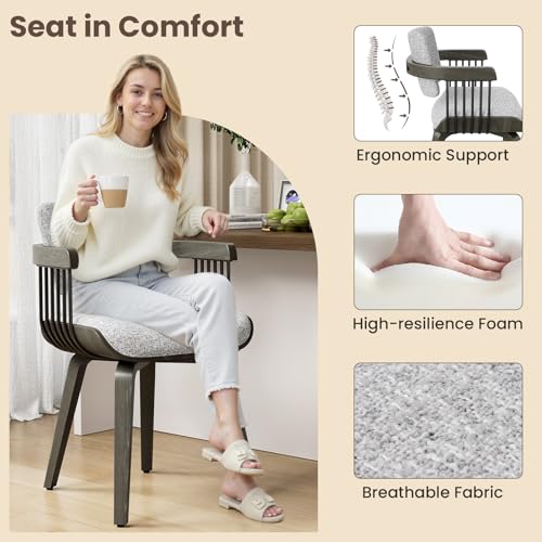 Dining Chairs with Armrest, Set of 2, Mid-Century Modern Kitchen Chair | with Wood Legs, Upholstered Fabric for Dining Room, Kitchen, Restaurant, Cafe, Grey - color: Grey