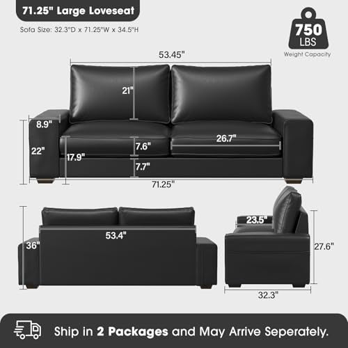 71.25" Faux Leather Loveseat Sofa Couch for Living Room, Black | Mid Century Modern Love seat with Wide Arm, Side Pockets, Deep Seat, Solid Wooden Frame for Office,Bedroom, Apart