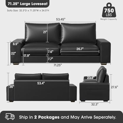 71.25" Faux Leather Loveseat Sofa Couch for Living Room, Black | Mid Century Modern Love seat with Wide Arm, Side Pockets, Deep Seat, Solid Wooden Frame for Office,Bedroom, Apart