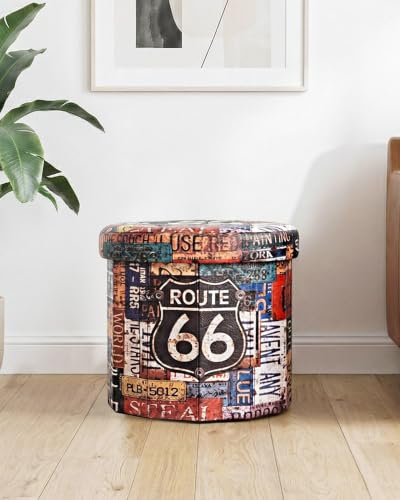 B FSOBEIIALEO Folding Storage Ottoman Round, Faux Leather Foot Rest Seat, Storage Organizer Chest 15" (Route 66 Barrel) - size: 15"D x 15"W x 13.2"H