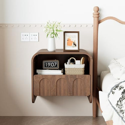 Floating Nightstand Set of 2, Wall Mounted Nightstand with Drawer | Bedside Table, Small Night Stand, with Open Storage Shelf, for Bedroom, Modern, Walnut