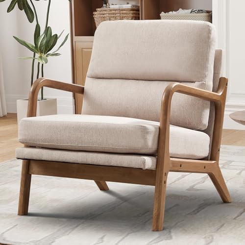 IOMOR Mid Century Modern Accent Chair, Linen Fabric Upholstered Lounge Armchair with Solid Wood Frame and Soft Cushion for Living Room, Bedroom (1, Linen Beige) - color: Linen Beige