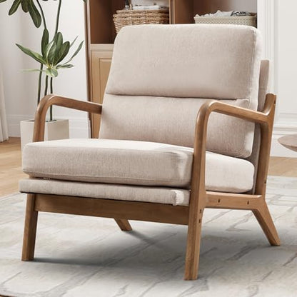 IOMOR Mid Century Modern Accent Chair, Linen Fabric Upholstered Lounge Armchair with Solid Wood Frame and Soft Cushion for Living Room, Bedroom (1, Linen Beige) - color: Linen Beige