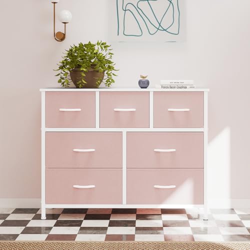 OLIXIS 7 Drawer Fabric Dresser, Storage Tower for Bedroom and Closet | Pink Easy-Pull Bins for Closet Organizers, Chest of Drawers with Sturdy Steel Frame & Wooden Top for Living Room, Entryway - color: Pink, size: 11.8"D x 39.4"W x 30"H (7 Drawers)