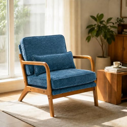 Karl home Mid-Century Modern Accent Reading Chair, Blue | Chenille Upholstered, Solid Wood Frame, Soft Cushion, Lumbar Pillow, Lounge Armchair for Living Room, Bedroom, Balcony, Study - color: Chenille Blue