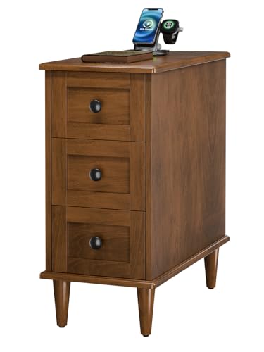 No Assembly Required End Table with Built-in Charging Station | 3 Drawers Narrow Side Table with Outlets and USB Ports, Slim Nightstand for Living Room, Bedroom, Entryway - color: Brown, size: 1 Piece