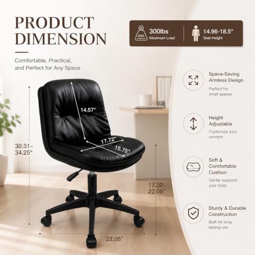 Adjustable Height Vanity Chair with Backrest, Armless PU Leather Desk Chair with Wheels & Lumbar Support, 360° Swivel Ergonomic Computer Office Chair for Home Office Makeup Desk, Black - color: Black