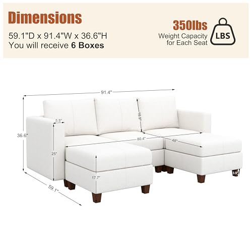 MINCETA Modular Sectional Sofa, Modern Comfy Sofa with Upholstered and Storage Ottoman for Living Room,Bedroom(White, 5 Seat U Shape) - color: White, size: 91.4"W*59.1"D U Shape