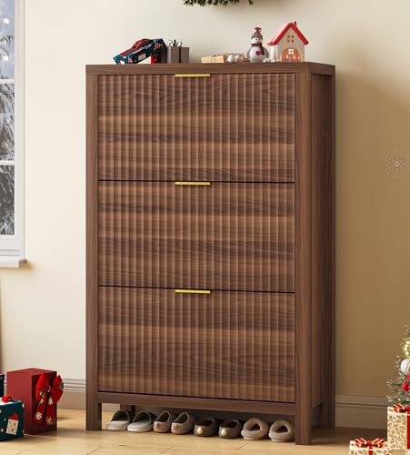 32" Fluted Shoe Cabinet Storage with 3 Flip Drawers for Entryway, Hallway | Hidden Shoe Rack Slim Freestanding Shoe Organizer with Legs for Hallway, Living Room, Walnut - color: Walnut, size: 3 Drawers