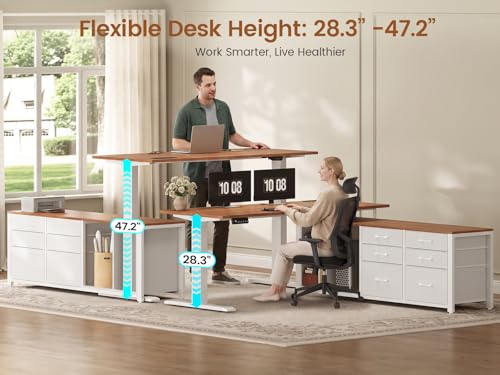 SEDETA L Shaped Electric Standing Desk, 55" x 55" Height Adjustable Office Executive Desk with 6 Fabric Drawers and Storage Shelves, Sit Stand Computer Desk with Power Outlet (White + Brown) - color: White + Brown