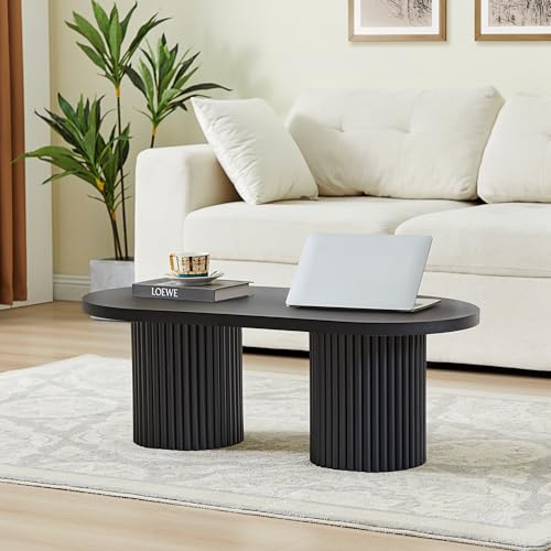 Small Fluted Coffee Table, Farmhouse Oval Wood Coffee Table,Black | Mid Century Coffee Table with Fluted Legs, Wooden Center Table for Home, Office, Cafe, Vintage, 39.38" x 19.69" x 13.78" - color: Black, size: 19.69"D x 39.38"W x 13.78"H