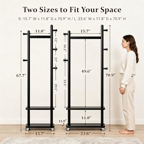 Small Clothes Rack Solid Wood Coat Rack Freestanding with Wheels | Space Saving, Stable 5 Hooks 2 Shelves Coat Tree, Silent 360 Degree Wheels, Heavy Duty 150 lb Capacity for Entryway Bedroom - color: Black, size: S: 15.7" x W: 11.8" x H: 70" (With Wheels)