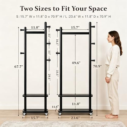 Small Clothes Rack Solid Wood Coat Rack Freestanding with Wheels | Space Saving, Stable 5 Hooks 2 Shelves Coat Tree, Silent 360 Degree Wheels, Heavy Duty 150 lb Capacity for Entryway Bedroom - color: Black, size: S: 15.7" x W: 11.8" x H: 70" (With Wheels)
