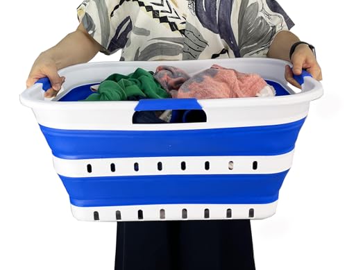 SAMMART 42L (11 gallon) Collapsible Plastic Laundry Basket - Foldable Pop Up Storage Container/Organizer - Space Saving Hamper/Basket (1, White/Dark Blue) - color: White/Dark Blue