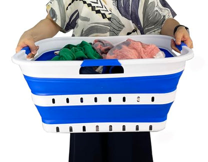 SAMMART 42L (11 gallon) Collapsible Plastic Laundry Basket - Foldable Pop Up Storage Container/Organizer - Space Saving Hamper/Basket (1, White/Dark Blue) - color: White/Dark Blue
