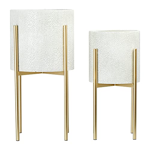 Main + Mesa Modern Boho Embossed Metal Planters with Stands, White and Gold, Set of 2 Sizes - color: Light Grey With Gold Stand