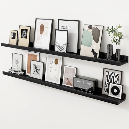 Oak Picture Ledge Shelf, 48 Inch Floating Shelves Set of 2, Solid Oak Wood Wall Shelves with Lip, Wall Decor Storage for Bedroom Living Room Bathroom Kitchen Nursery Photo Picture, Black - color: Black, size: 48inch