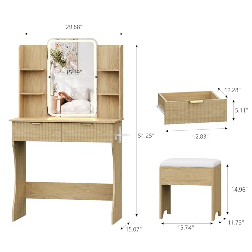 Small Vanity Desk with Mirror and Lights, Makeup Vanity with LED Lighted Mirror, Fluted Vanity with Lights Desk and Chair, 3 Lighting Adjustable Dressing Table with Charging Station for Women,Girls - color: Oak, size: 29.88x15.09x51.30 in