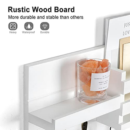 Lwenki Mail Organizer for Wall Mount – Key Holder with Shelf Includes Letter Holder and Hooks for Coats, Dog Leashes – Rustic Wood with Flush Mounting Hardware (16.5” x 8.7” x 3.5”) - color: White