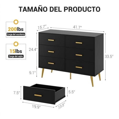 Garvee 6 Drawer Dresser for Bedroom, Modern Chest of Drawers with Gold Handles, Storage Organizer for Bedroom, Living Room, Entryway & Hallway, Black - color: Black