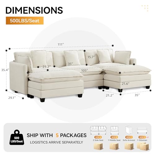 111'' Sectional Cloud Deep Seat Couch, Oversized Chenille U Shaped Sectional Sofa for Living Room Set, Comfy Upholstered Modular 5-Seats Sectional Sofa Couch with 2 Movable Ottoman, Beige - color: Beige, size: 111'' U Shape