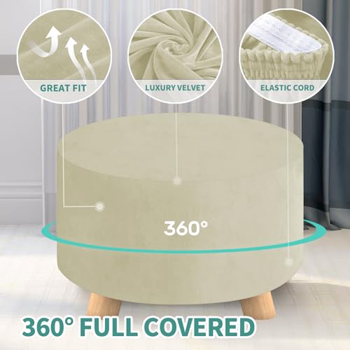 MAXIJIN Velvet Ottoman Slipcover - Round Foot Stool Cover - Thick Washable Beige Medium Size - color: Beige, size: 14"D x 14"W x 15"H