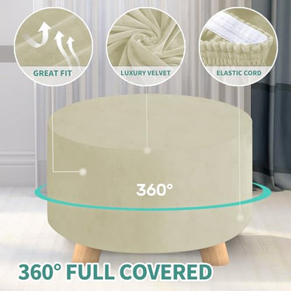 MAXIJIN Velvet Ottoman Slipcover - Round Foot Stool Cover - Thick Washable Beige Medium Size - color: Beige, size: 14"D x 14"W x 15"H