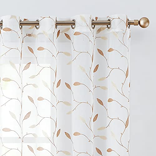 Embroidered Sheer Curtains Floral Leaf White Sheer Curtain for Bedroom Living Room Kitchen Rustic Voile Drapes Privacy Window Treatment Set of 2 Panels 96 Inches Long Grommet Top Gold on White - color: *Grommet | Gold on White, size: 55"W x 95"L (Pack of