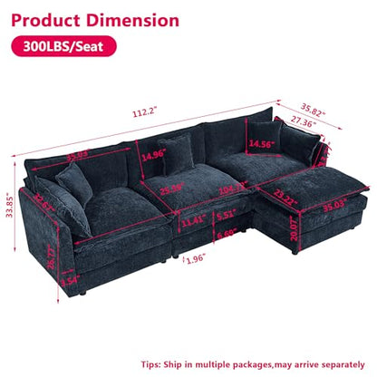 Aoowow Modular Sectional Sofa Modern Convertible L Shaped Couch,112.2 Inch Deep 3-Seater Sofas Set Comfy Chenille Cloud Sofas and Couches with Movable Ottoman for Living Room Apartment（Blue） - color: Blue, size: 3 Seat + Ottoman