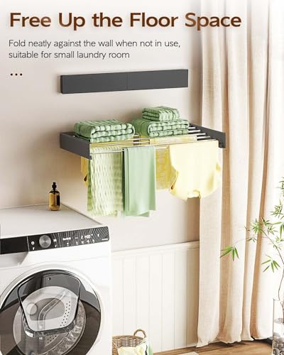 Vikaqi Wall Mounted Clothes Drying Rack 40", Foldable Wall Mount Laundry Rack Folding Indoor, Drying Rack Clothing Collapsible, Hidden Space Saver with Wall Template, 6 Rods, Black - color: Black, size: 40" Wide
