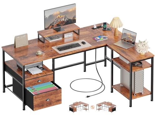 Furologee 50 Inch L Shaped Computer Desk with Power Outlet, Rustic Brown | Reversible Home Office Desk Design, Monitor Stand, Fabric File Cabinet, Storage Shelves for Corner Writing Bedroom Table - color: Rustic Brown, size: 50 Inch