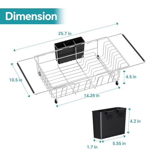 Simple Trending Dish Drying Rack in Sink with Utensil & Cup Holder | Expandable Dish Rack Over The Sink, Stainless Steel Dish Drainer for Small Kitchen, Space Saving, Non-Slip Feet, Fast Drain - size: Stainless Steel