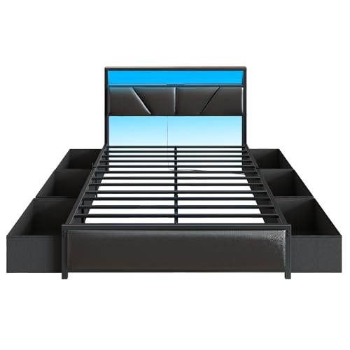 Full Size Bed Frame with Storage Headboard, 6 Drawers, LED&Charging | 2-Tier PU Leather Upholstered Headboard, Charging Station&RGB Lights, No Box Spring Needed, easy assembly, Noise-Free,Black - color: Black, size: Full