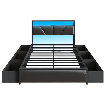 Full Size Bed Frame with Storage Headboard, 6 Drawers, LED&Charging | 2-Tier PU Leather Upholstered Headboard, Charging Station&RGB Lights, No Box Spring Needed, easy assembly, Noise-Free,Black - color: Black, size: Full