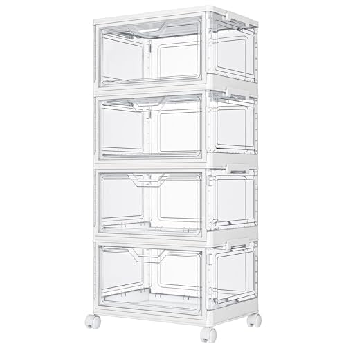 Kmiectse Clear Storage Bins with Lids - 4 Tier 23qt Plastic Stackable Bins | Closet Organizers Box for Bedroom, Living Room, 23 QT Folding Box with Magnetic door - size: 23QT-4Pack&1Lid