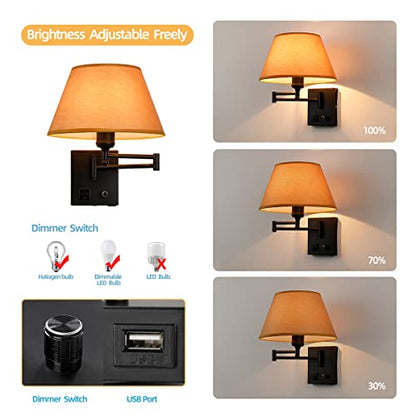 Swing Arm Wall Sconces, Plug-in Wall lamp,Bedroom Wall lamp ， White Fabric Shade with dimmable Switch and USB Charging Port,Suitable for Bedside,Living Room,Reading (Black. Gold Shadow) - color: Black. Gold Shadow