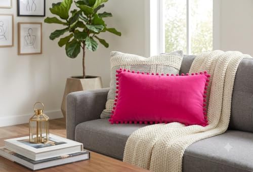 WWW.THROWPILLOW.IN Hot Pink Solid Cotton Cushion Cover with Pom Pom Preppy Decorative Throw Pillow Cover for Dorm Room,Feminine Chic Home Decor Accent Rectangular Cushion 14x20 Inches