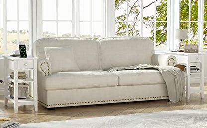 ChooChoo Narrow End Table with Charging Station and Drawer | Narrow End Table, 3-Tier Sofa End Table, Small Space, White - color: White