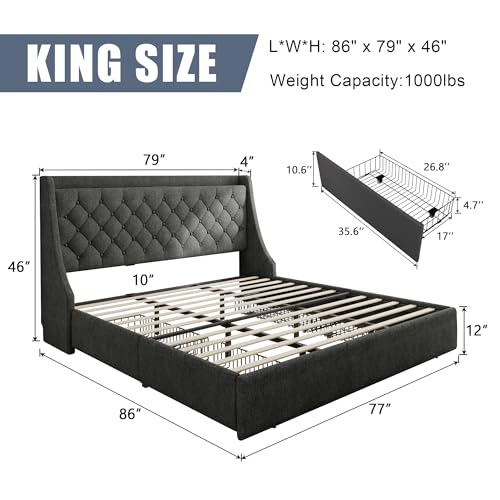 King Size Upholstered Platform Bed Frame with 4 Storage Drawers and Charging Station, Linen Button Tufted Wingback Headboard, Sturdy Wooden Support Slats, No Box Spring Needed, Dark Grey - color: Dark Gray, size: King