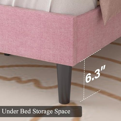 HOMBCK Full Bed Frame with Headboard, Linen Fabric Upholstered Bed Frame Full, Pink Bed Frame with Wood Slats, Button Tufted, No Box Spring Needed, Pink - color: Pink, size: Full
