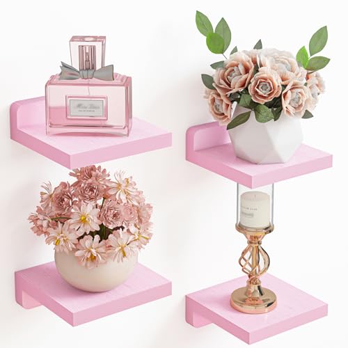 Fixwal Small Floating Shelves for Wall Decor (Pink, Set of 4, 5Inch) | Rustic wood shelf for displaying mini frames, plants, collectibles. Fits bedroom, living room, bathroom, kitchen, or office. - color: Pink, size: 5in