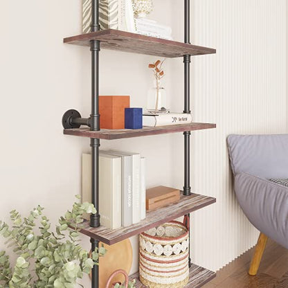 Yuanshikj 5 Tier with 24" Solid Wood Planks, Industrial Pipe Ladder Shelf | Metal Iron Rustic Wall Mounted for Living Room,Office, Decor Storage,Bookshelf - size: 5 Tier With 24" Solid Wood