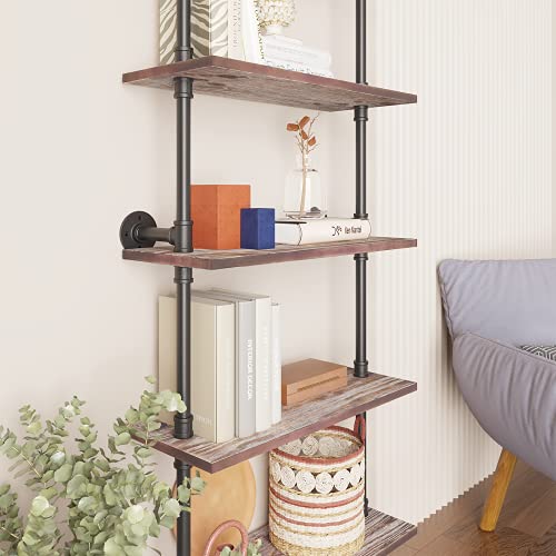 Yuanshikj 4 Tier with 24" Solid Wood Planks, Industrial Pipe Ladder Shelf | Metal Iron Rustic Wall Mounted for Living Room,Office, Decor Storage,Bookshelf - size: 4 Tier With 24" Solid Wood
