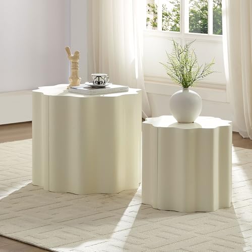 Nesting Coffee Table Set of 2 for Living Room, Modern Circle Center Table with Wavy Edges Design, Accent End Side Table for Small Space, No Need Assembly (Fiberglass, 22.05"+16.93") - color: 22.05"+16.93" Fiberglass, Beige