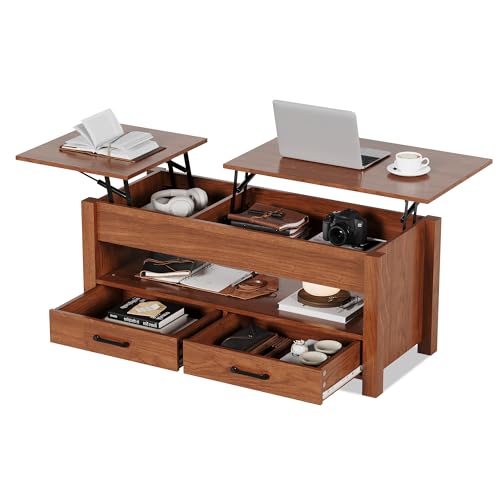 Multifunctional Lift Top Coffee Table, Convertible Wooden Coffee Table with 2 Drawers & Hidden Compartment, Storage Center Table for Living Room Home Office,Brown - color: Brown