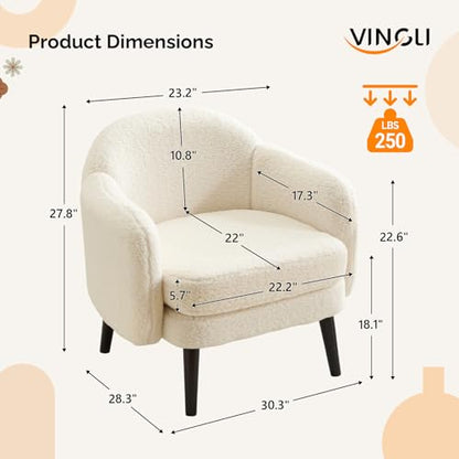 VINGLI 30.3" Wide Modern Barrel Accent Armchairs Set of 2 with Track Armrest, Solid Wooden Legs, Comfy Upholstered Club Chairs, Single Home Sofa for Living Room, Bedroom, Reading,Teddy Fleece White - color: White