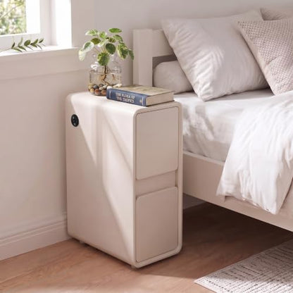 Modern Leather Nightstands of 2, Solid Wood Bedside Table with 2 Drawers & USB Charging Station, Small Preassembled End Table, Narrow Nightstand for Bedroom Living Room Office White - color: White, size: 8"