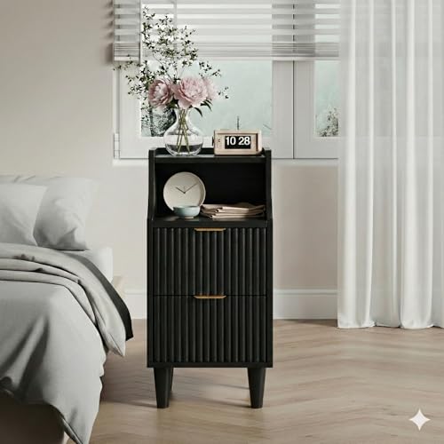 11.8" Narrow Fluted Nightstand Set of 2,Slim Side End Table with 2 Drawers,Black Modern Bedside Table,Skinny Night Stand for Bedroom,Small Space - color: Black