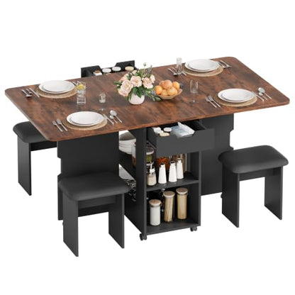Mondeer 55" Folding Dining Table and Chairs Set 4, Cushioned Stools | 2 Drawers, Storage Shelves, Space Saving Table and Chairs for Kitchen Dining Room Small Spaces, Rustic Brown and Black - color: Rustic Brown and Black