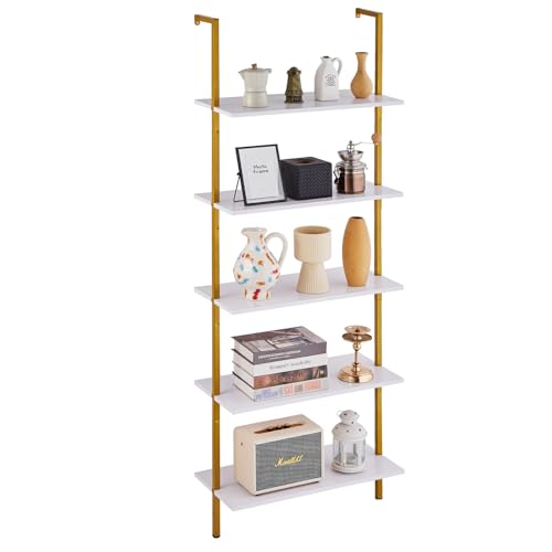 VEVOR Ladder Shelf, 5-Tier Bookshelf 24x11.8in, Open Wall-Mounted Ladder Shelf with Metal Frame,Storage Rack Sundries Holder for Kitchen Bedroom Bathroom Living Room, Gold White - color: Gold, size: 5 Tier 24x11.8in